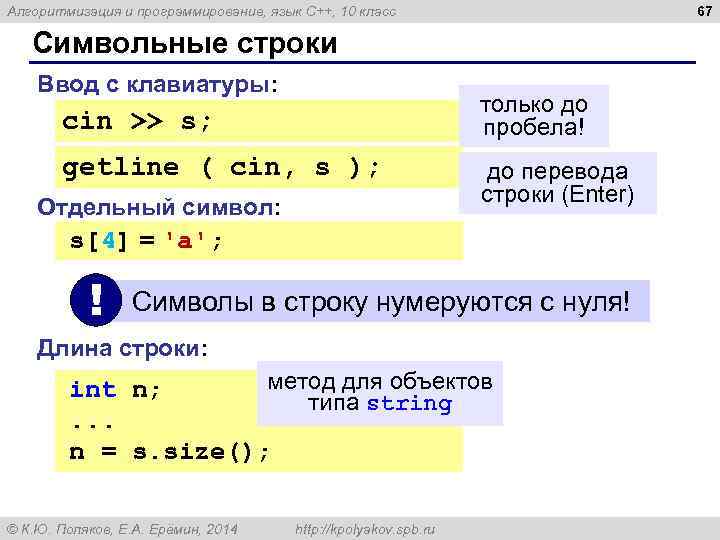 67 Алгоритмизация и программирование, язык C++, 10 класс Символьные строки Ввод с клавиатуры: только