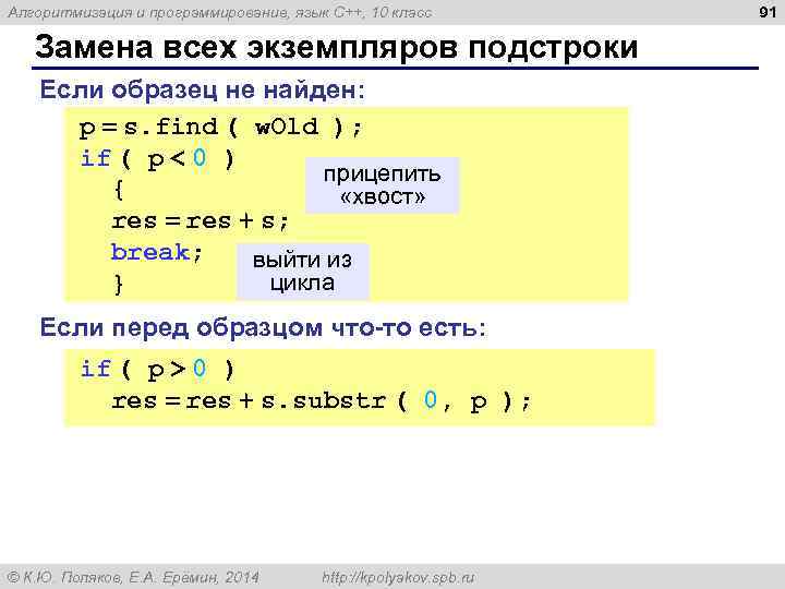 Алгоритмизация и программирование, язык C++, 10 класс Замена всех экземпляров подстроки Если образец не