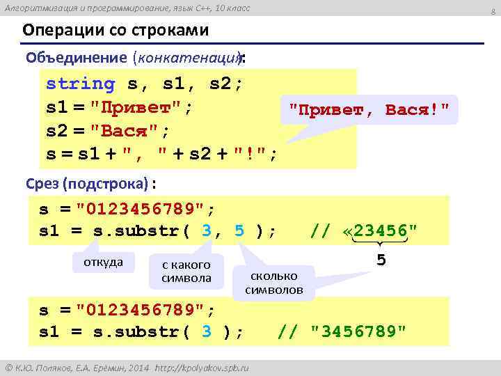 Алгоритмизация и программирование, язык C++, 10 класс 8 Операции со строками Объединение (конкатенация: )