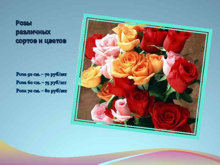 Розы различных сортов и цветов Роза 50 см. – 70 руб/шт Роза 60 см.
