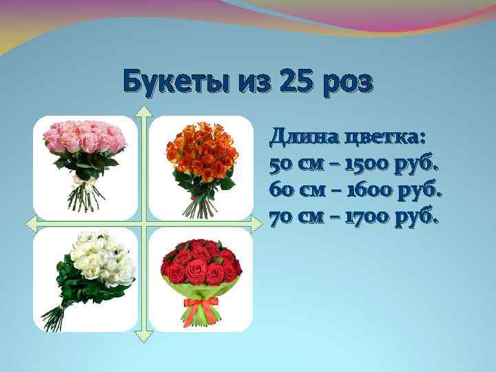 Букеты из 25 роз Длина цветка: 50 см – 1500 руб. 60 см –