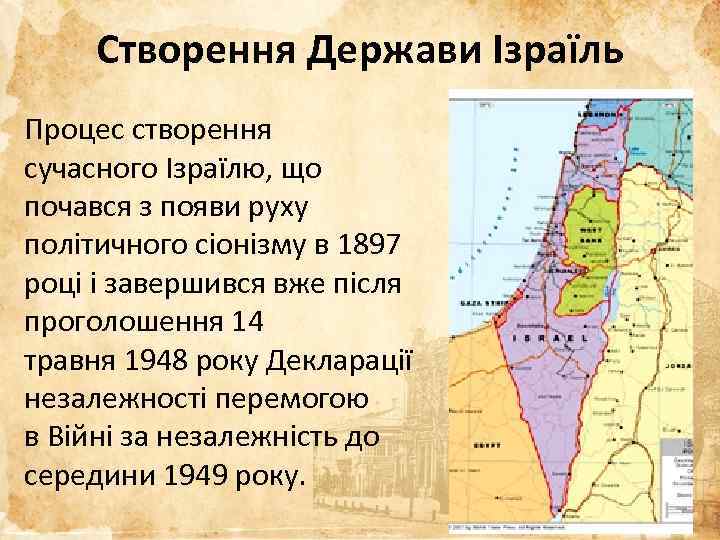 Створення Держави Ізраїль Процес створення сучасного Ізраїлю, що почався з появи руху політичного сіонізму