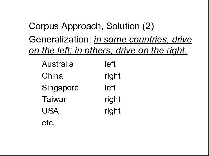 Corpus Approach, Solution (2) Generalization: in some countries, drive on the left; in others,