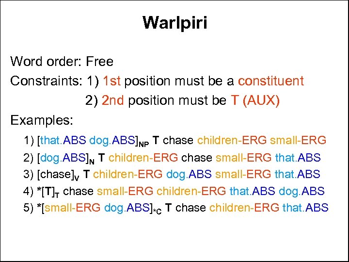 Warlpiri Word order: Free Constraints: 1) 1 st position must be a constituent 2)