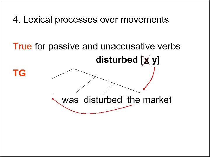 4. Lexical processes over movements True for passive and unaccusative verbs disturbed [x y]