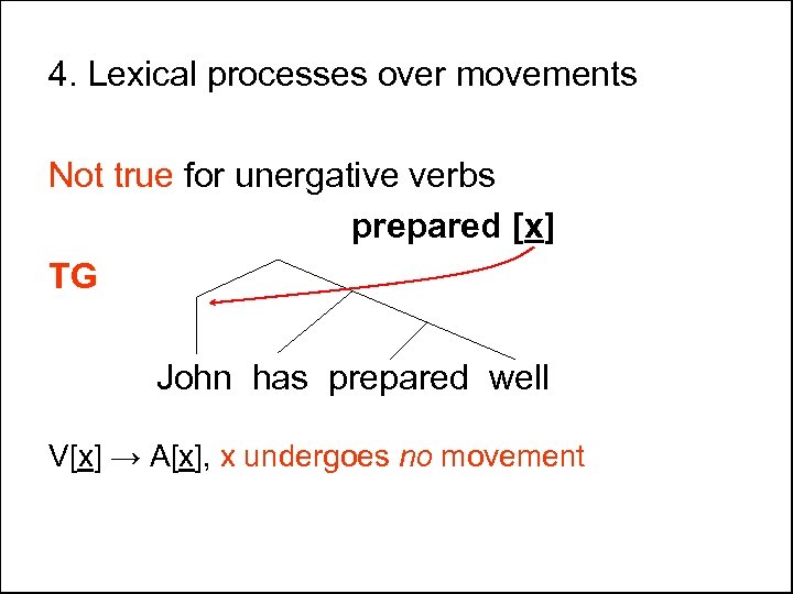 4. Lexical processes over movements Not true for unergative verbs prepared [x] TG John