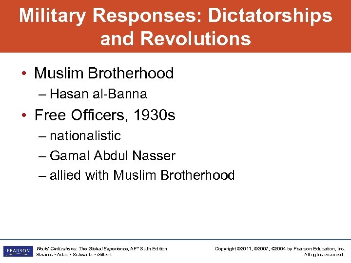 Military Responses: Dictatorships and Revolutions • Muslim Brotherhood – Hasan al-Banna • Free Officers,