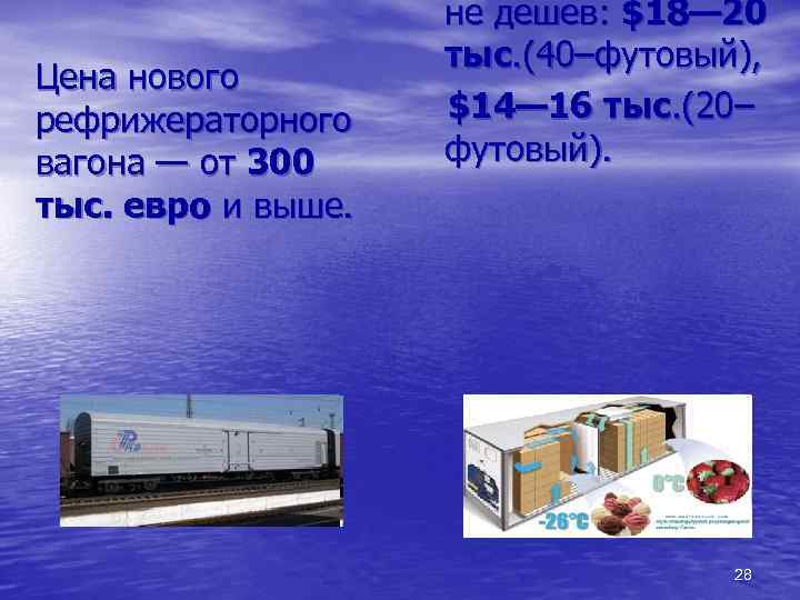 Цена нового рефрижераторного вагона — от 300 тыс. евро и выше. не дешев: $18—