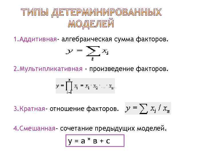 1. Аддитивная- алгебраическая сумма факторов. 2. Мультипликативная - произведение факторов. 3. Кратная- отношение факторов.