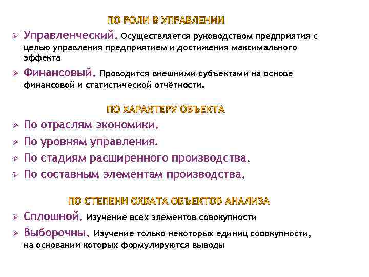 Ø Управленческий. Осуществляется руководством предприятия с целью управления предприятием и достижения максимального эффекта Ø