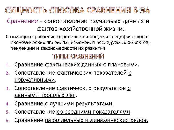 Сравнение – сопоставление изучаемых данных и фактов хозяйственной жизни. С помощью сравнения определяется общее