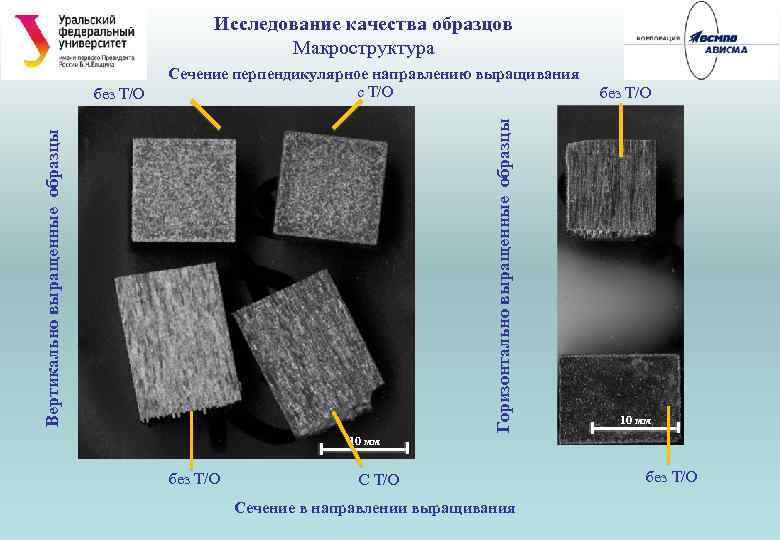 Исследование качества образцов Макроструктура Горизонтально выращенные образцы Вертикально выращенные образцы без Т/О Сечение перпендикулярное