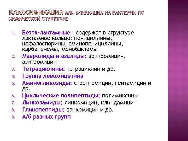 1. 2. 3. 4. 5. 6. 7. 8. 9. Бетта-лактамные – содержат в структуре