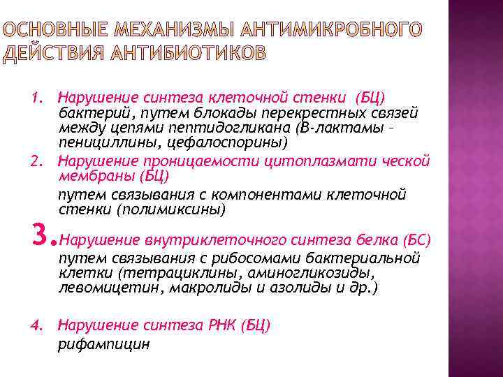 1. Нарушение синтеза клеточной стенки (БЦ) бактерий, путем блокады перекрестных связей между цепями пептидогликана