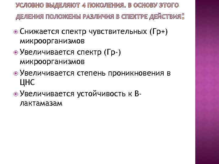  Снижается спектр чувствительных (Гр+) микроорганизмов Увеличивается спектр (Гр-) микроорганизмов Увеличивается степень проникновения в