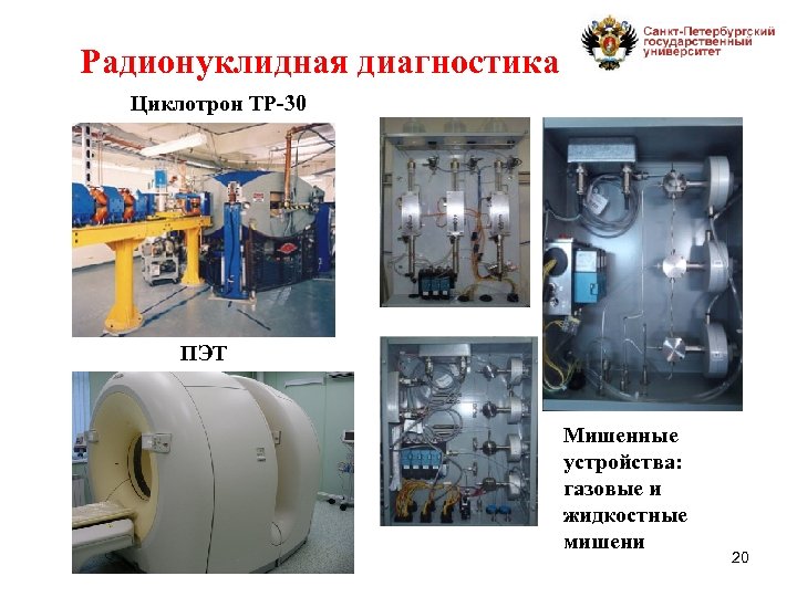 Радионуклидная диагностика Циклотрон ТР-30 ПЭТ Мишенные устройства: газовые и жидкостные мишени 20 