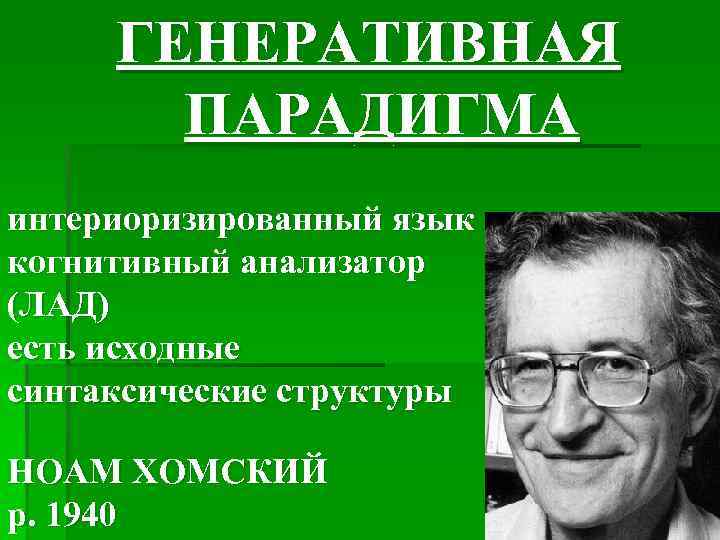 ГЕНЕРАТИВНАЯ ПАРАДИГМА интериоризированный язык когнитивный анализатор (ЛАД) есть исходные синтаксические структуры НОАМ ХОМСКИЙ р.