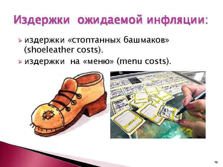 Издержки ожидаемой инфляции: Ø издержки «стоптанных башмаков» (shoeleather costs). Ø издержки на «меню» (menu