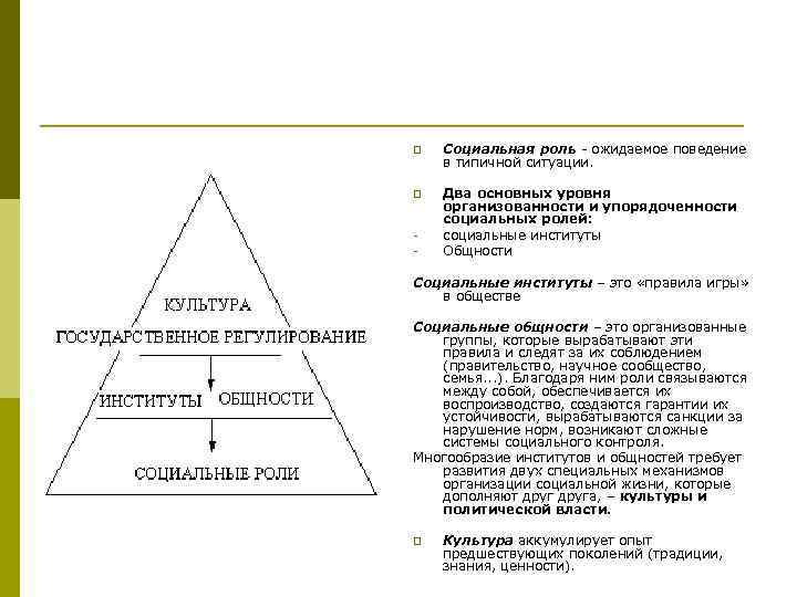 p Социальная роль - ожидаемое поведение в типичной ситуации. p Два основных уровня организованности