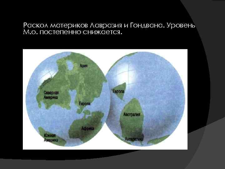  Раскол материков Лавразия и Гондвана. Уровень М. о. постепенно снижается. 