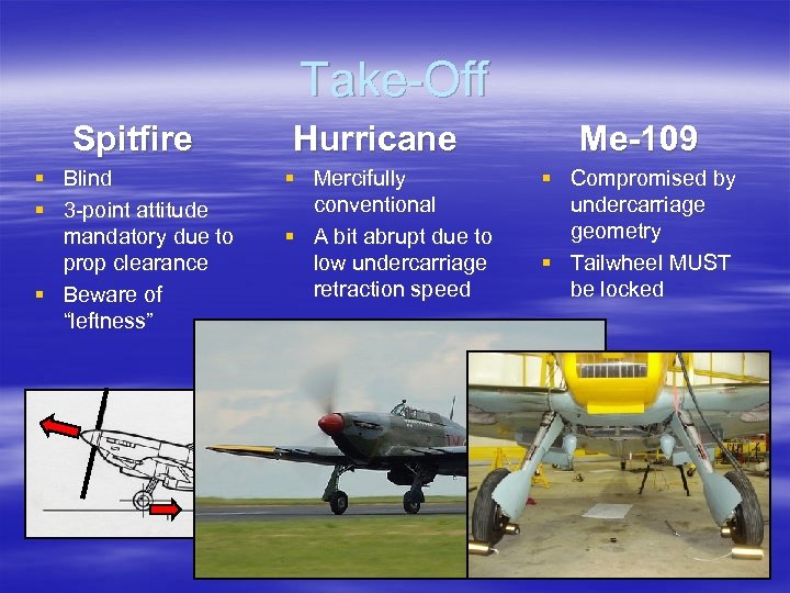 Take-Off Spitfire § Blind § 3 -point attitude mandatory due to prop clearance §