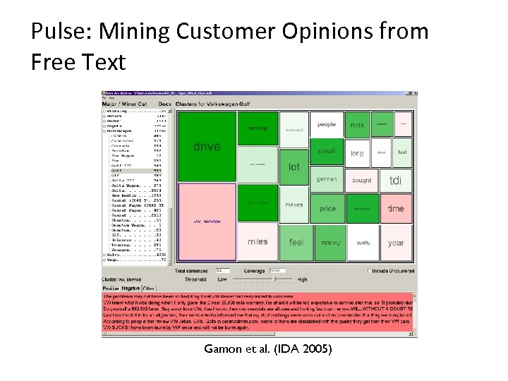 Pulse: Mining Customer Opinions from Free Text Gamon et al. (IDA 2005) 