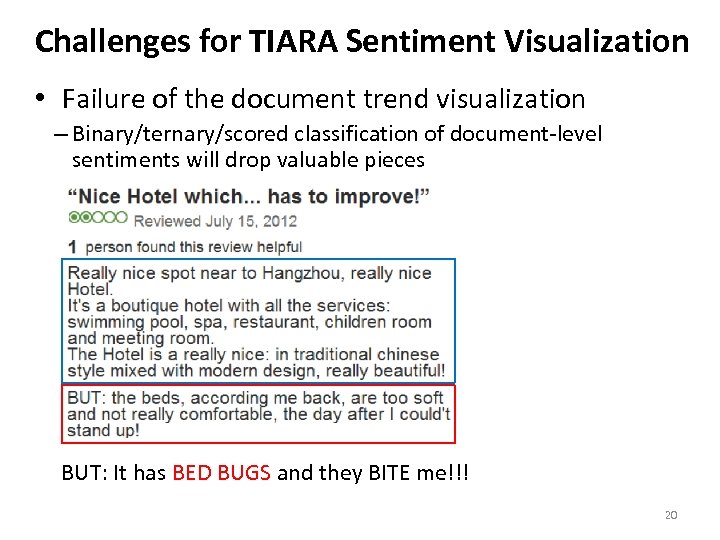 Challenges for TIARA Sentiment Visualization • Failure of the document trend visualization – Binary/ternary/scored