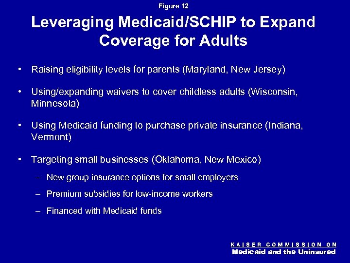 Figure 12 Leveraging Medicaid/SCHIP to Expand Coverage for Adults • Raising eligibility levels for