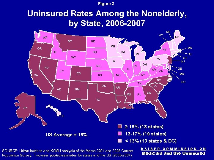 Figure 2 Uninsured Rates Among the Nonelderly, by State, 2006 -2007 NH VT WA