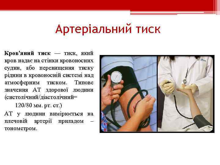 Артеріальний тиск Кров'яний тиск — тиск, який кров надає на стінки кровоносних судин, або