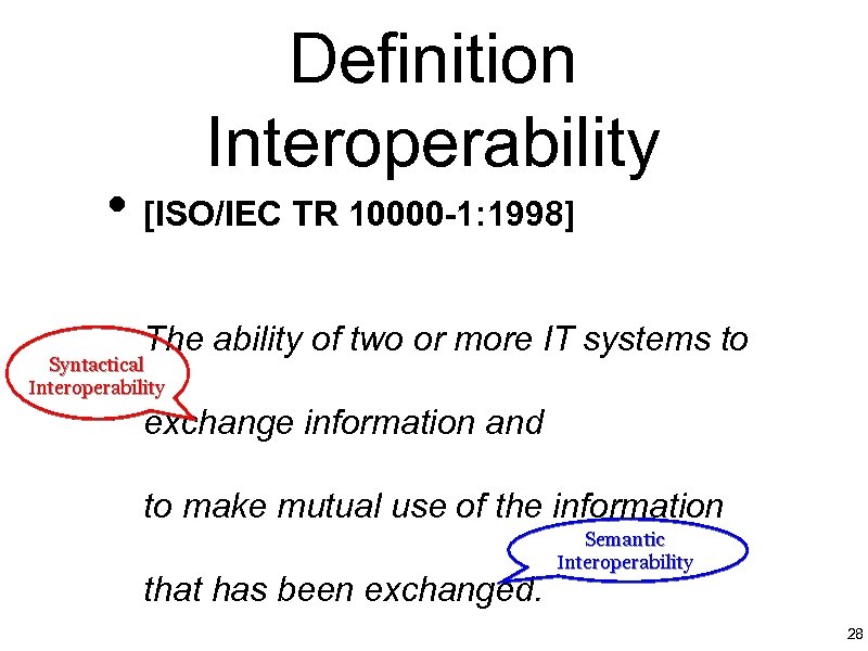 Definition Interoperability • [ISO/IEC TR 10000 -1: 1998] The ability of two or more
