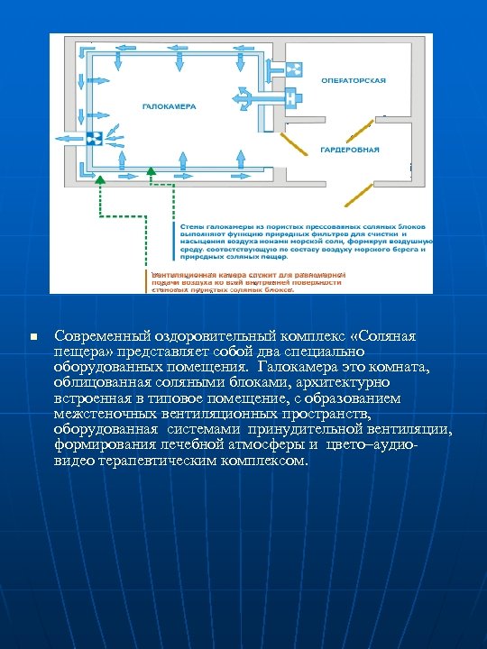 n Современный оздоровительный комплекс «Соляная пещера» представляет собой два специально оборудованных помещения. Галокамера это