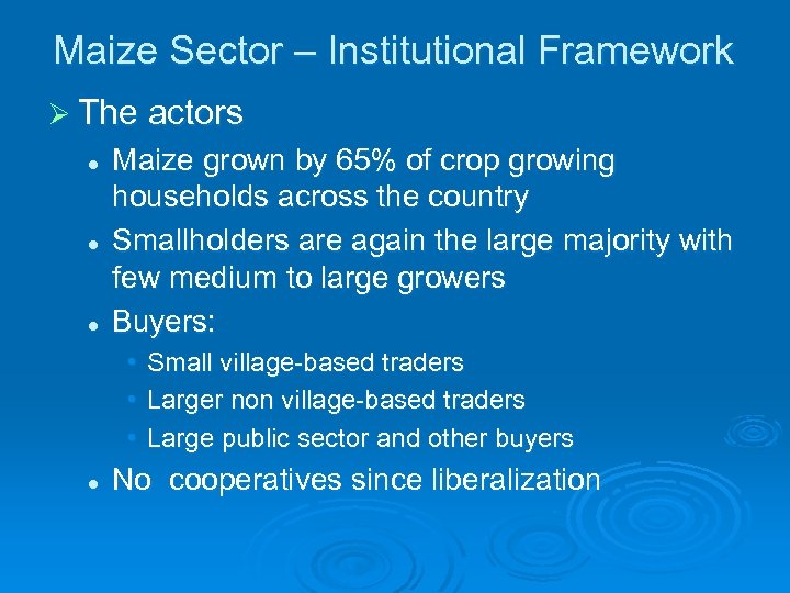 Maize Sector – Institutional Framework Ø The actors l l l Maize grown by