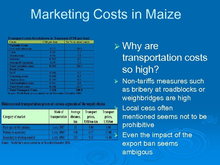 Marketing Costs in Maize Ø Why are transportation costs so high? Non-tariffs measures such