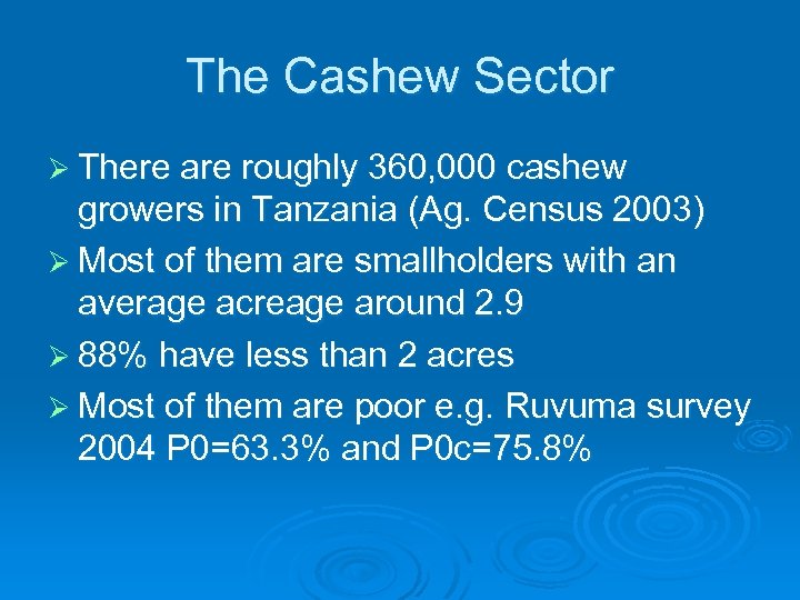 The Cashew Sector Ø There are roughly 360, 000 cashew growers in Tanzania (Ag.