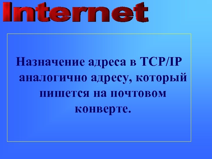 Назначение адреса в TCP/IP аналогично адресу, который пишется на почтовом конверте. 