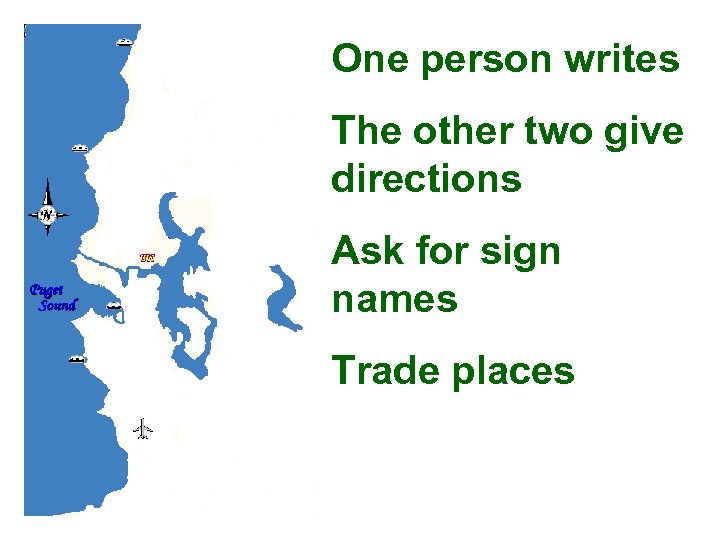 One person writes The other two give directions Ask for sign names Trade places