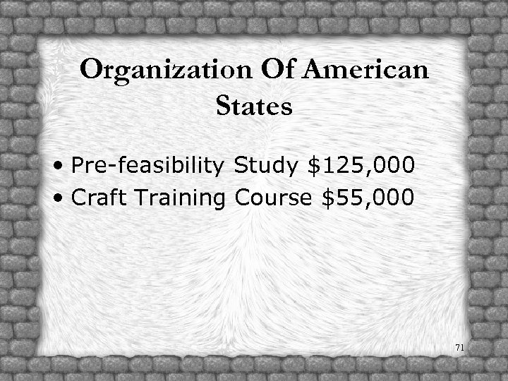 Organization Of American States • Pre-feasibility Study $125, 000 • Craft Training Course $55,