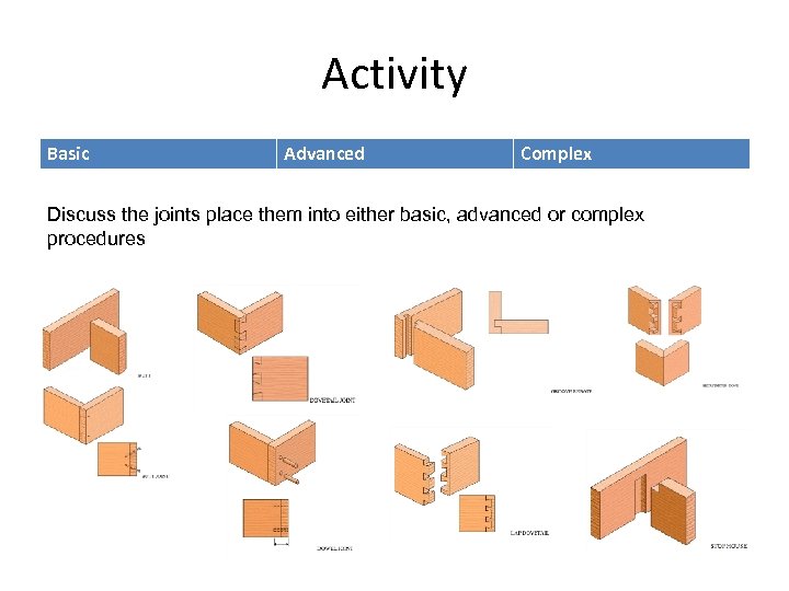 Activity Basic Advanced Complex Discuss the joints place them into either basic, advanced or