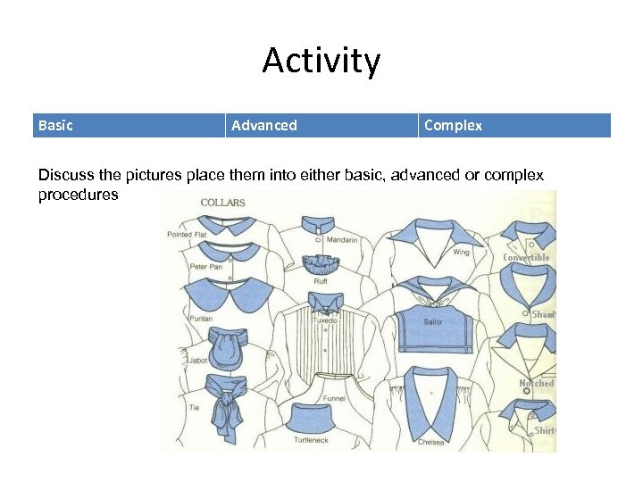 Activity Basic Advanced Complex Discuss the pictures place them into either basic, advanced or