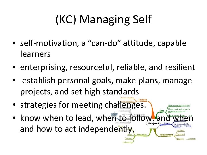(KC) Managing Self • self-motivation, a “can-do” attitude, capable learners • enterprising, resourceful, reliable,