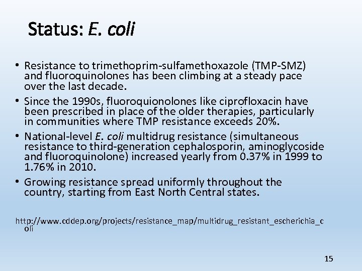 Status: E. coli • Resistance to trimethoprim-sulfamethoxazole (TMP-SMZ) and fluoroquinolones has been climbing at