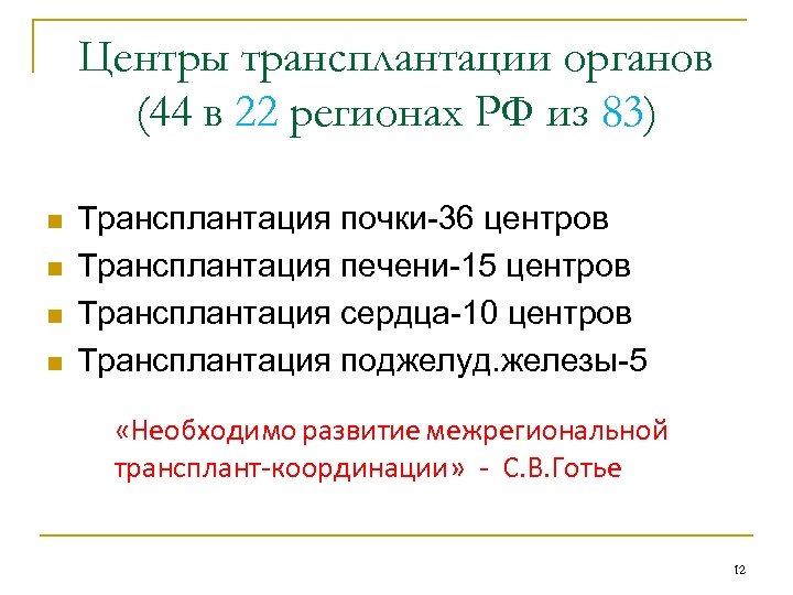 Центры трансплантации органов (44 в 22 регионах РФ из 83) Трансплантация почки-36 центров Трансплантация