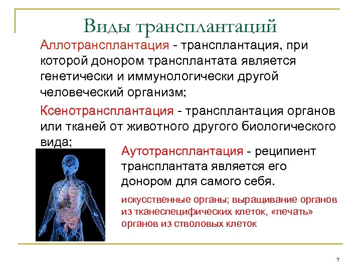 О трансплантации органов и или тканей человека. Виды трансплантации таблица. Виды трансплантологии. Аллотрансплантация органов.