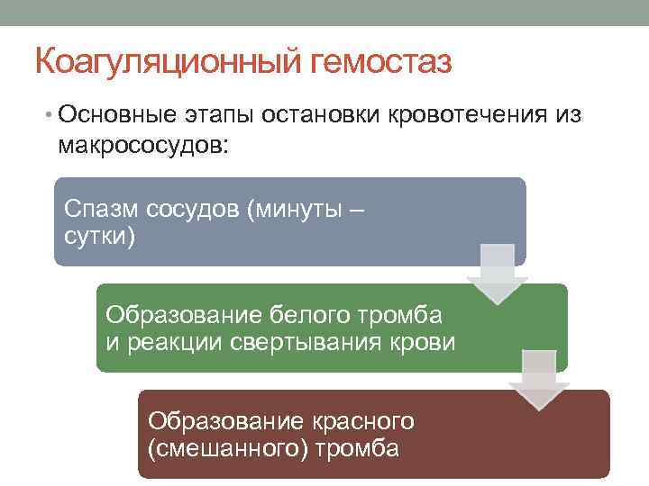 Коагуляционный гемостаз • Основные этапы остановки кровотечения из макрососудов: Спазм сосудов (минуты – сутки)