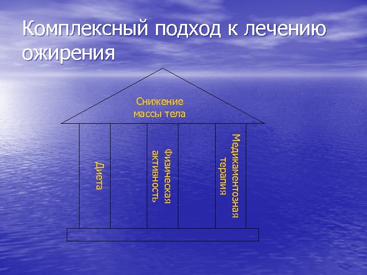 Комплексный подход к лечению ожирения Снижение массы тела Медикаментозная терапия Физическая активность Диета 