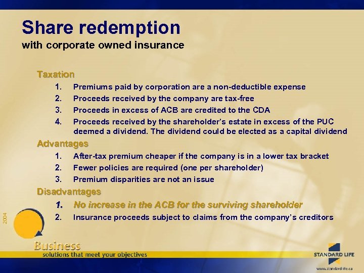 Share redemption with corporate owned insurance Taxation 1. 2. 3. 4. Premiums paid by