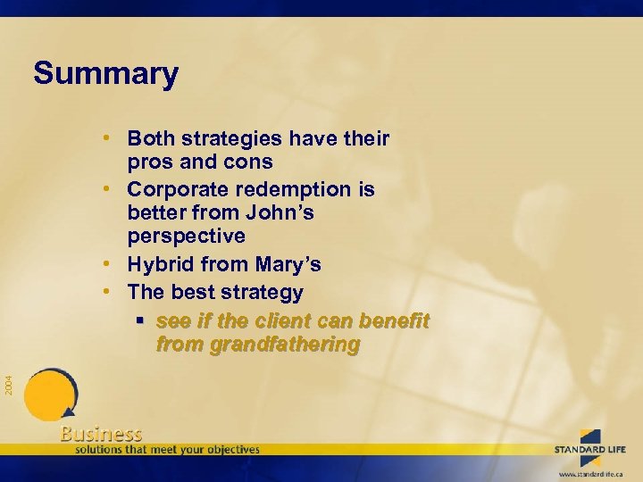 Summary 2004 • Both strategies have their pros and cons • Corporate redemption is