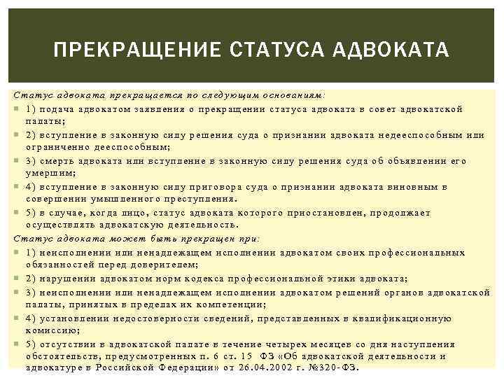 ПРЕКРАЩЕНИЕ СТАТУСА АДВОКАТА Статус адвоката прекращается по следующим основаниям: 1) подача адвокатом заявления о