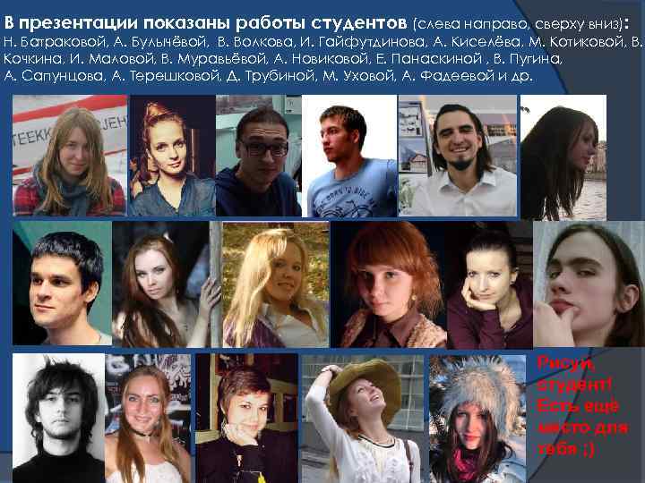 В презентации показаны работы студентов (слева направо, сверху вниз): Н. Батраковой, А. Булычёвой, В.